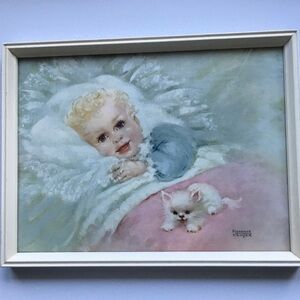 1950's D.A.C. Framed Florence Kroger Print Baby & Kitten "Wake Up Time"